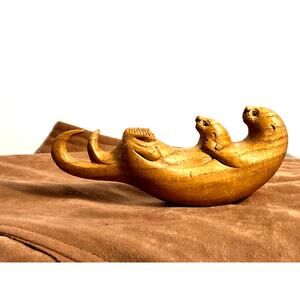 Hand Carved Wooden Otter with Baby Figurine Wildlife Folk Art Wood Carving